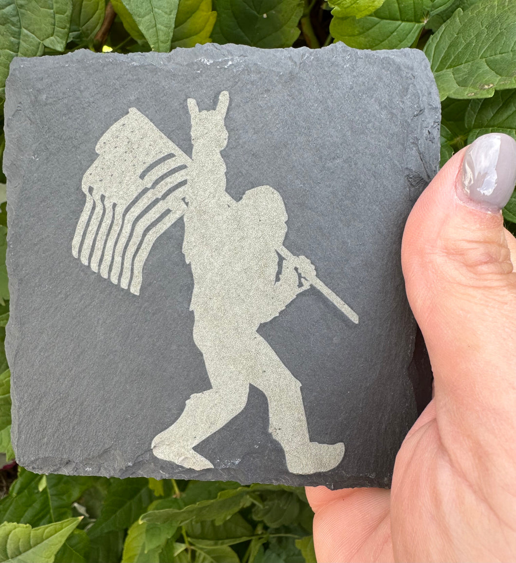 Set of 4 Slate Coasters | Bigfoot with American Flag| Laser Engraved | Square Coaster | Wedding Gift | Bigfoot Lover | Sasquatch Gift