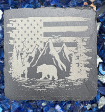 Load image into Gallery viewer, Set of 4 Slate Coasters | American Flag | Bear | Mountains | Laser Engraved | Square Coaster | Wedding Gift | Nature Lover | Gift
