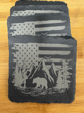 Load image into Gallery viewer, Set of 4 Slate Coasters | American Flag | Bear | Mountains | Laser Engraved | Square Coaster | Wedding Gift | Nature Lover | Gift
