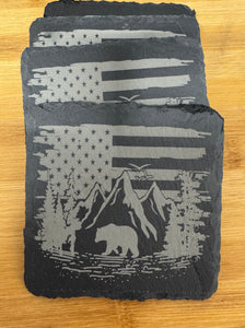 Set of 4 Slate Coasters | American Flag | Bear | Mountains | Laser Engraved | Square Coaster | Wedding Gift | Nature Lover | Gift