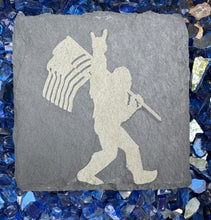 Load image into Gallery viewer, Set of 4 Slate Coasters | Bigfoot with American Flag| Laser Engraved | Square Coaster | Wedding Gift | Bigfoot Lover | Sasquatch Gift
