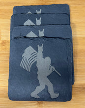 Load image into Gallery viewer, Set of 4 Slate Coasters | Bigfoot with American Flag| Laser Engraved | Square Coaster | Wedding Gift | Bigfoot Lover | Sasquatch Gift
